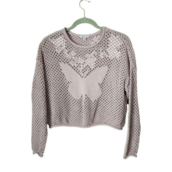 ORANGE KISS Y2K Butterfly crop sheer open knit sweater in cream size M - Picture 2 of 7